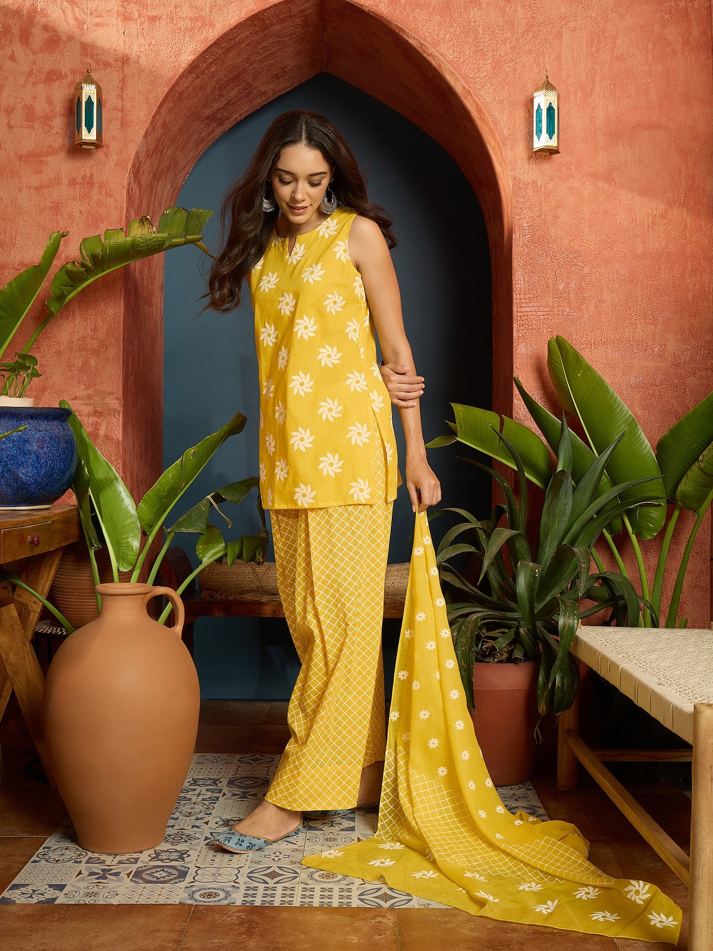 Floral Printed Pure Cotton Straight Kurti Farshi Salwar With Dupatta Dupatta