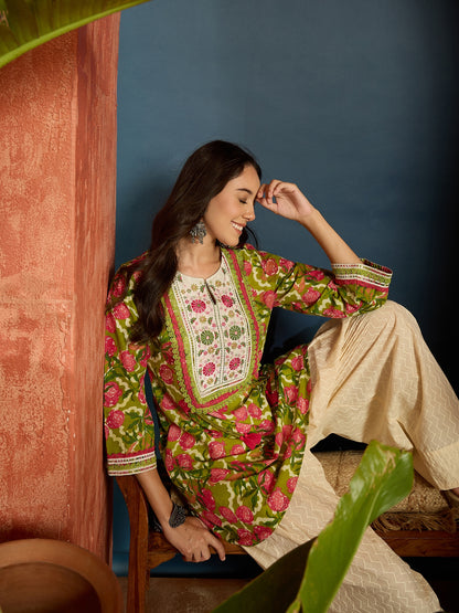 Floral Printed & Embroidered Cotton A-Line Short Kurti With Farshi Farshi Salwar