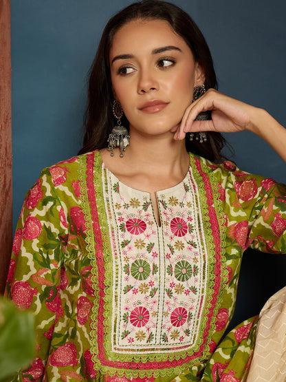 Floral Printed & Embroidered Cotton A-Line Short Kurti With Farshi Farshi Salwar