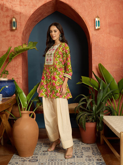 Floral Printed & Embroidered Cotton A-Line Short Kurti With Farshi Farshi Salwar