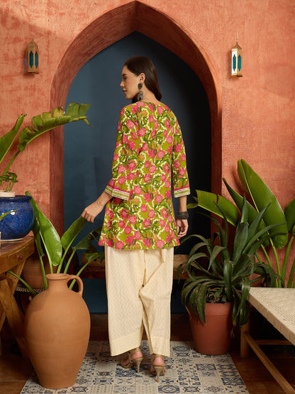 Floral Printed & Embroidered Cotton A-Line Short Kurti With Farshi Farshi Salwar