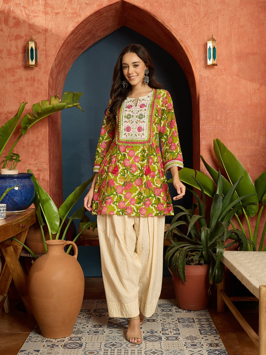Floral Printed &amp; Embroidered Cotton A-Line Short Kurti With Farshi Farshi Salwar