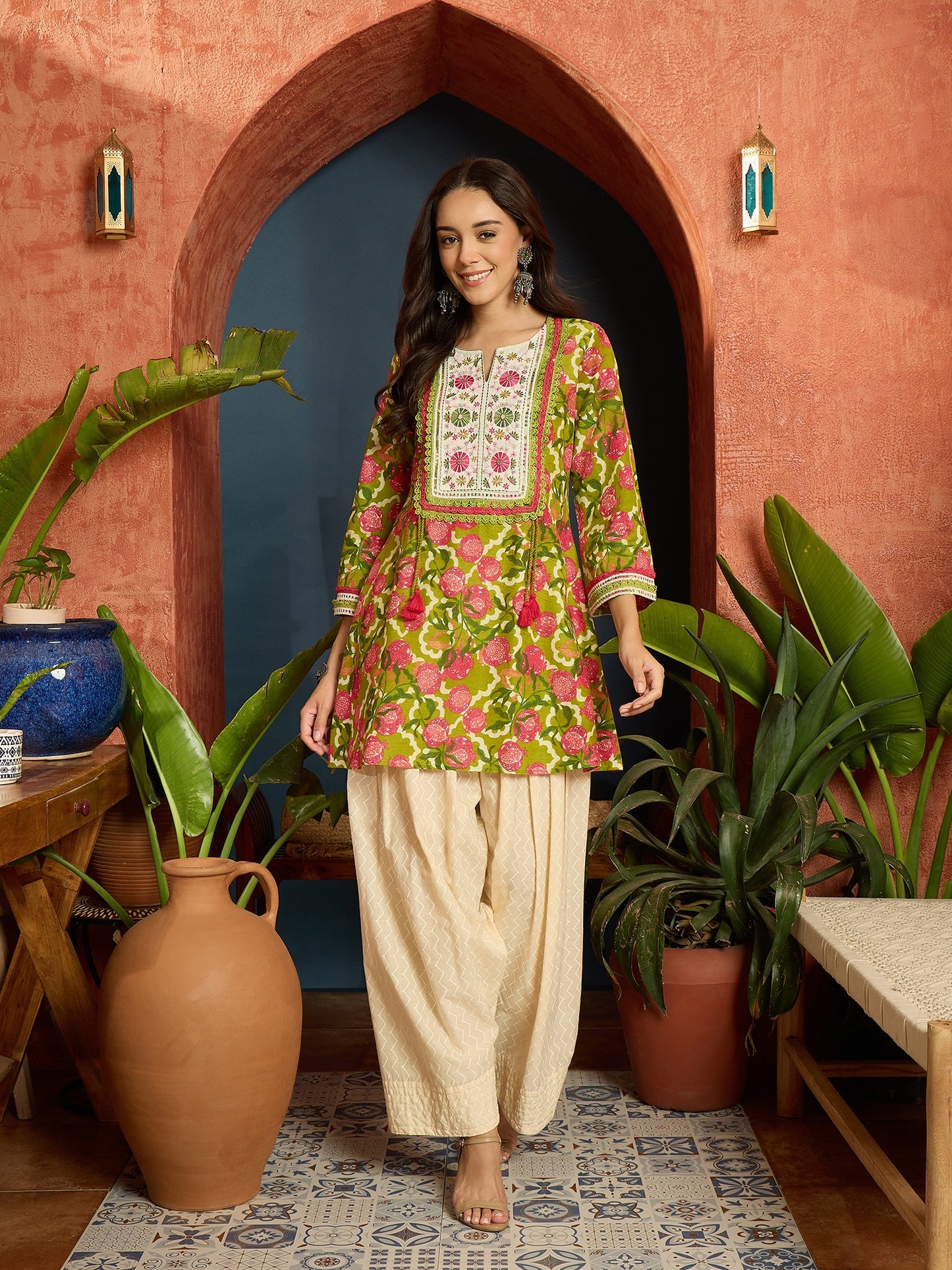 Floral Printed & Embroidered Cotton A-Line Short Kurti With Farshi Farshi Salwar