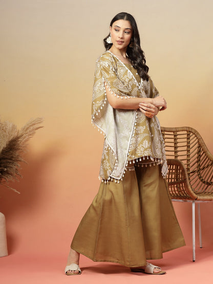 Green Paisley Printed Cotton Blend Crop Top Kaftan Sharara Set (Pre-Order)