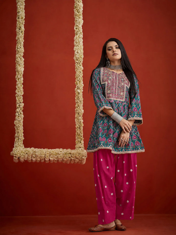 Ikkat Printed &amp; Embroidered Cotton A-Line Short Kurti With Farshi Salwar