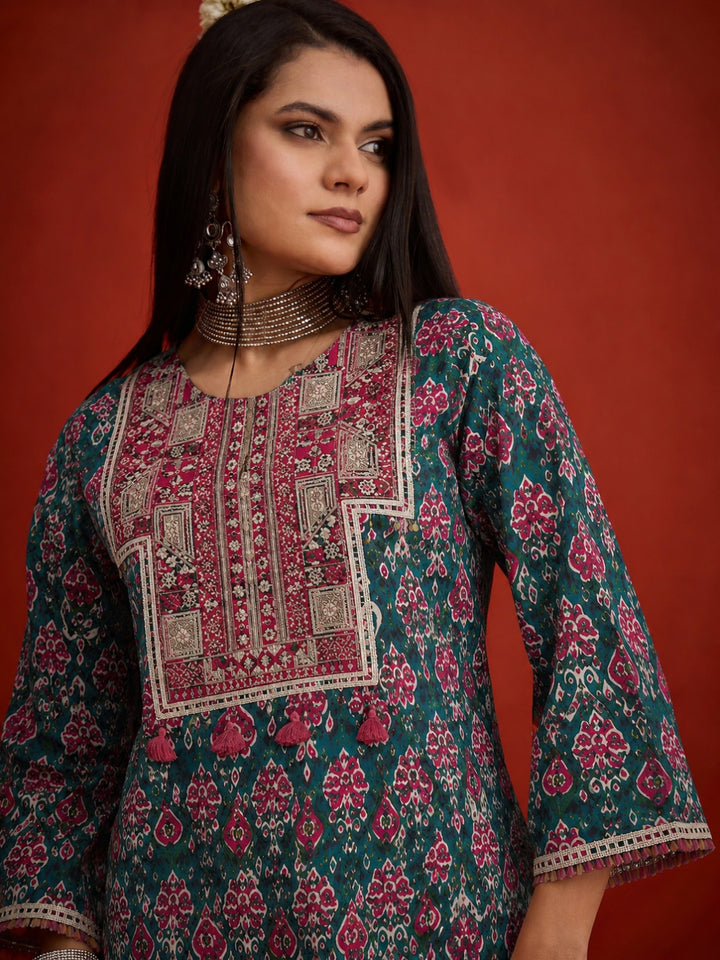 Ikkat Printed &amp; Embroidered Cotton A-Line Short Kurti With Farshi Salwar