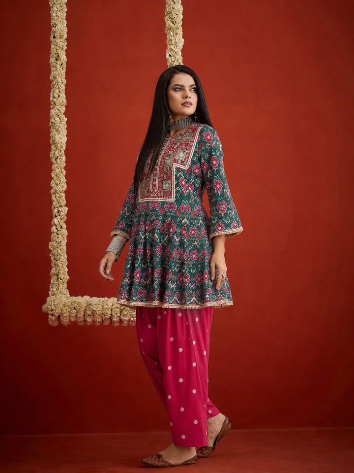 Ikkat Printed &amp; Embroidered Cotton A-Line Short Kurti With Farshi Salwar