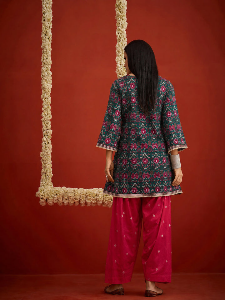 Ikkat Printed &amp; Embroidered Cotton A-Line Short Kurti With Farshi Salwar