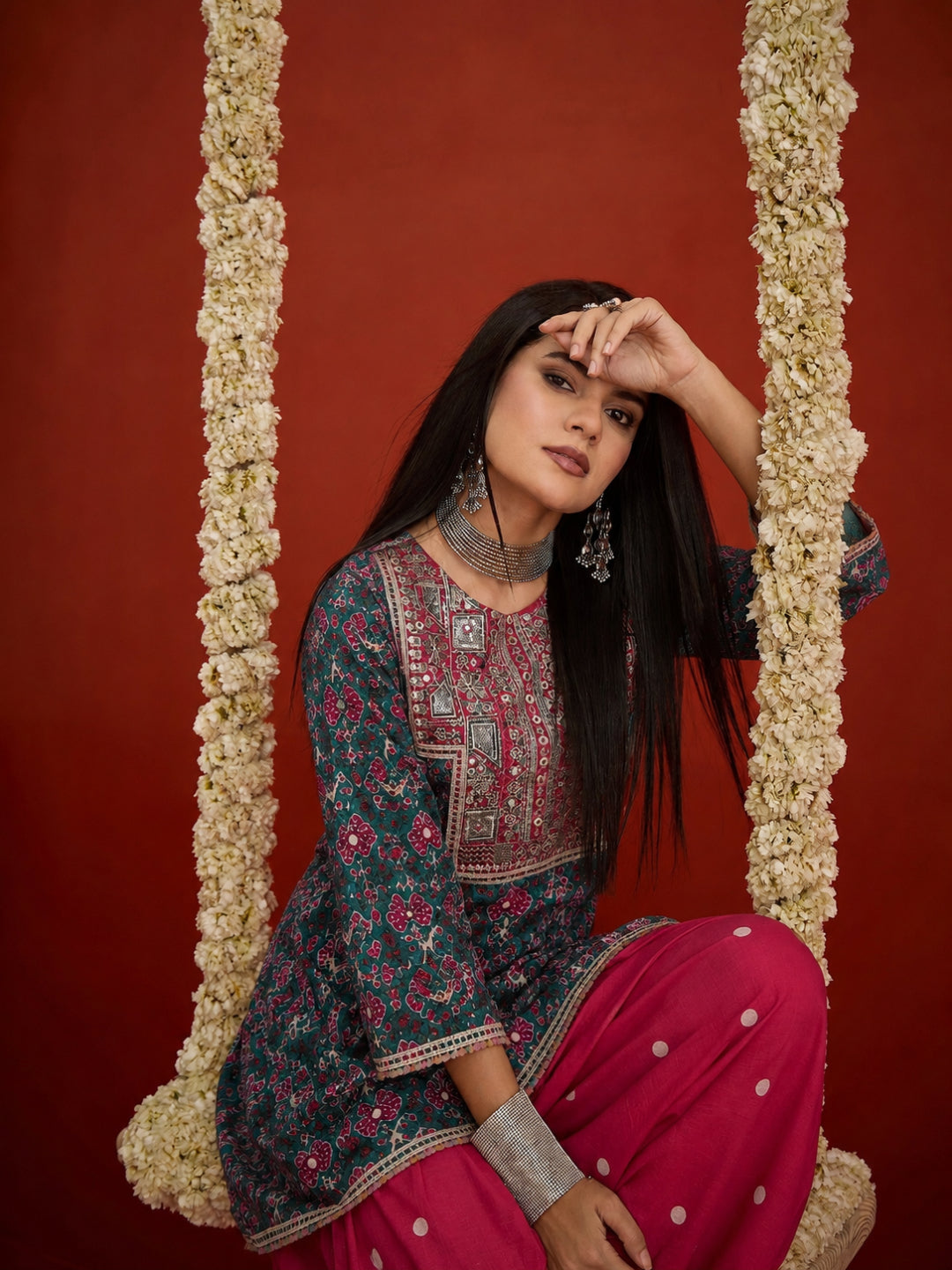 Ikkat Printed &amp; Embroidered Cotton A-Line Short Kurti With Farshi Salwar
