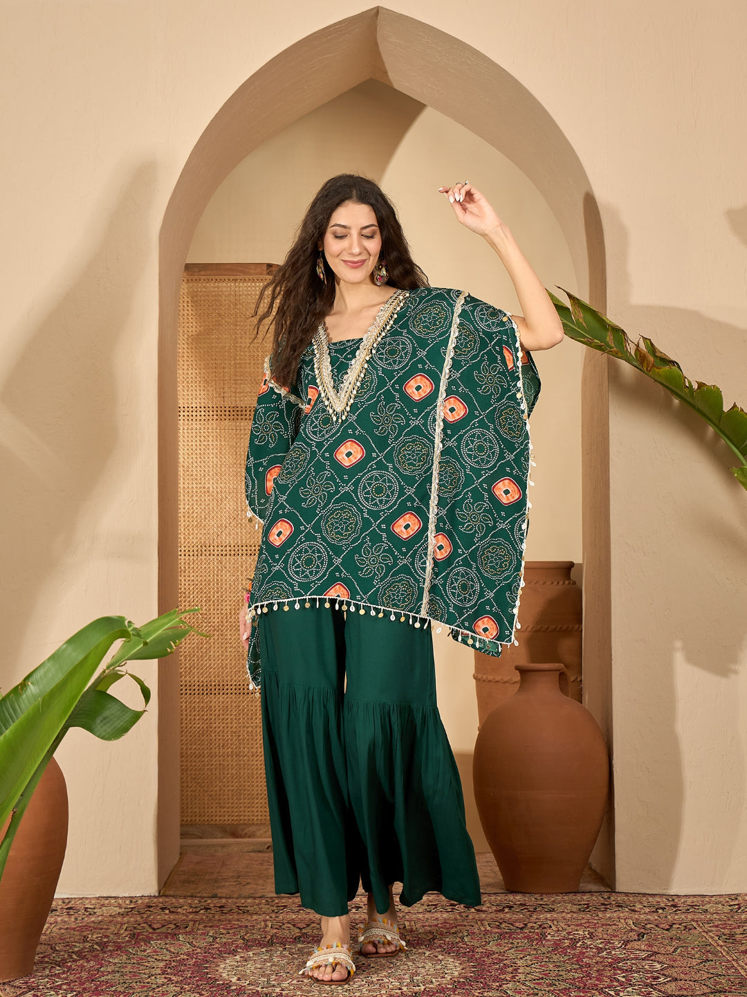 Green Bandhej Printed Crepe Kaftan Sharara Set