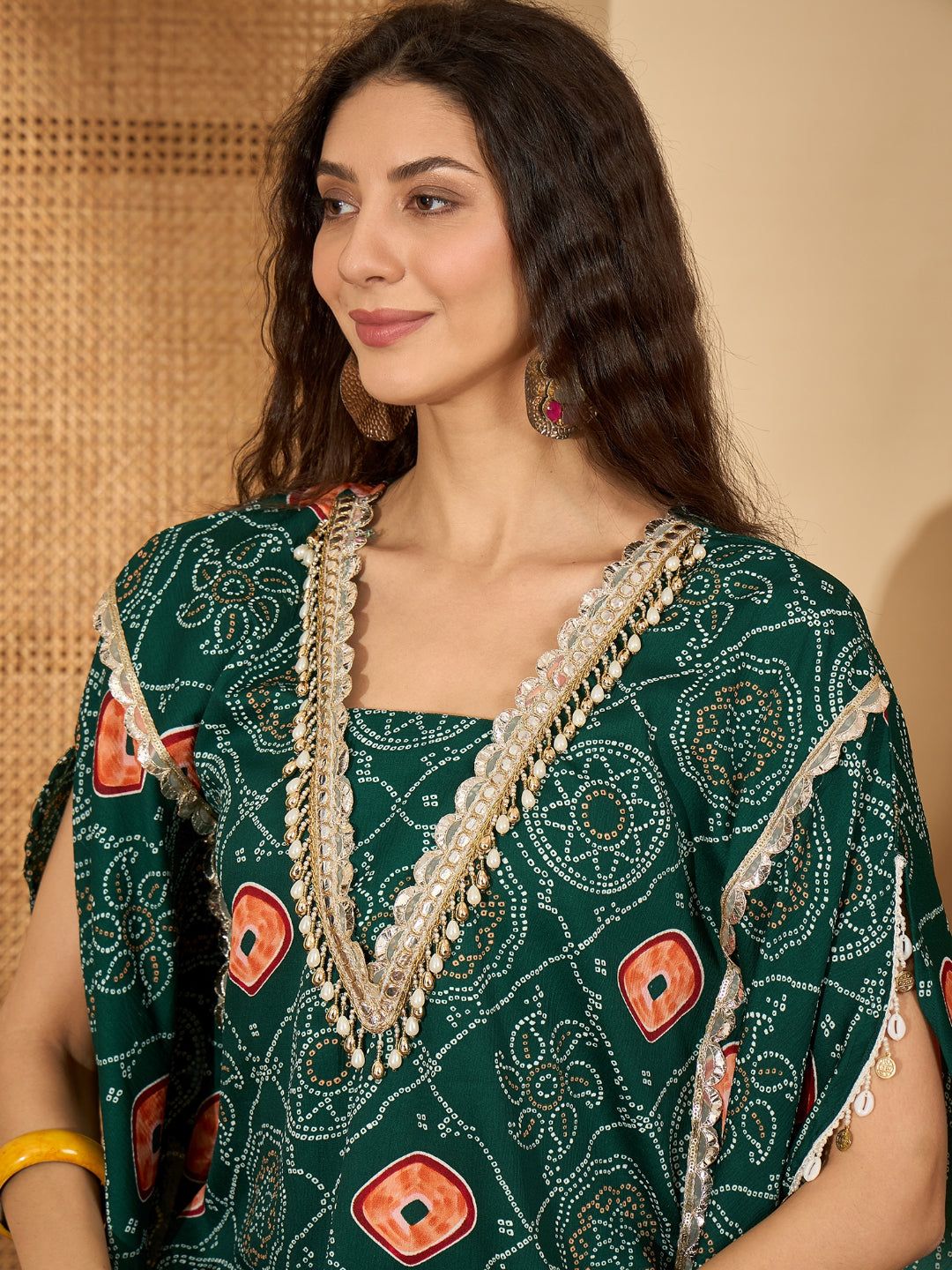 Green Bandhej Printed Crepe Kaftan Sharara Set