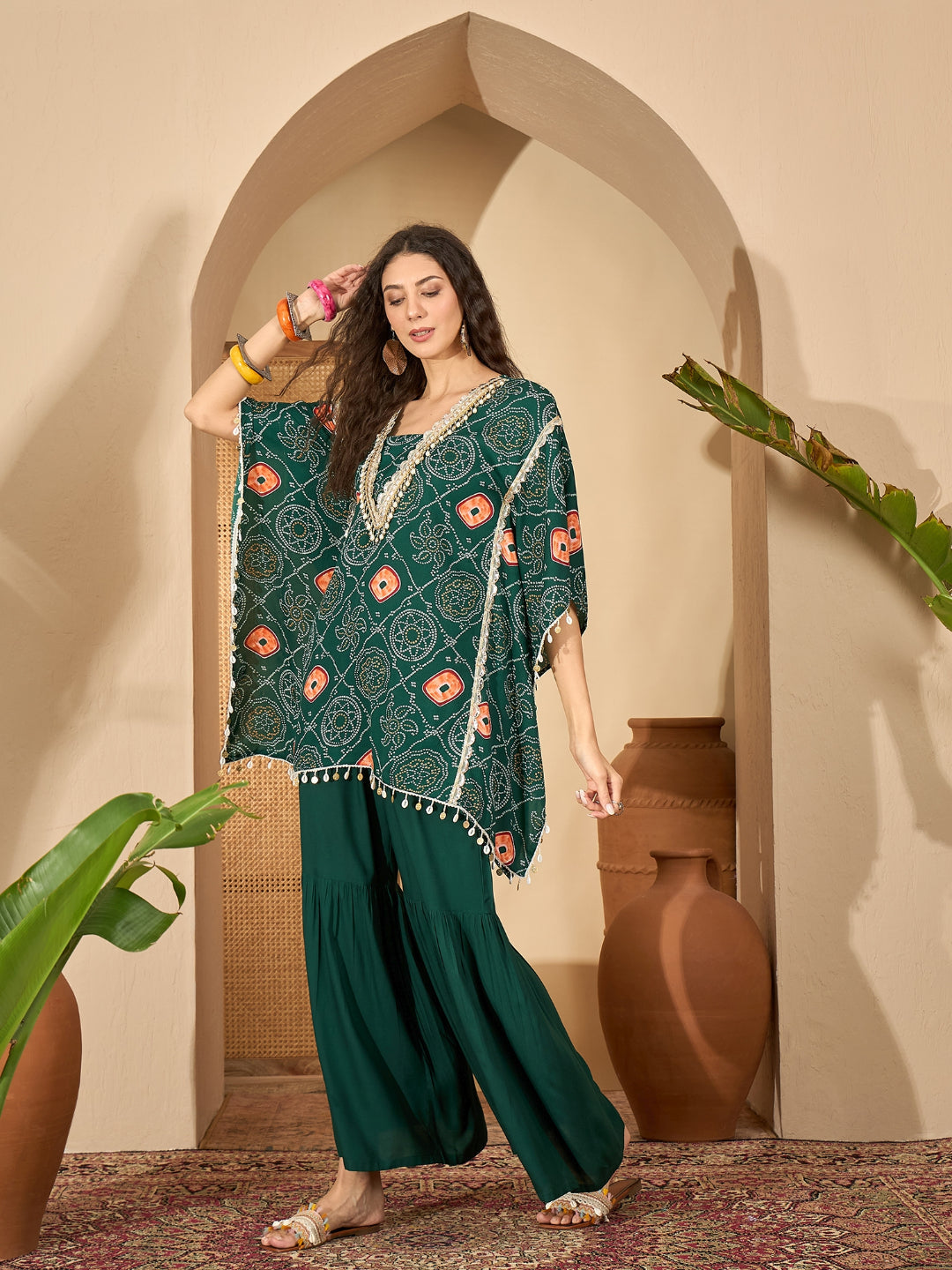 Green Bandhej Printed Crepe Kaftan Sharara Set