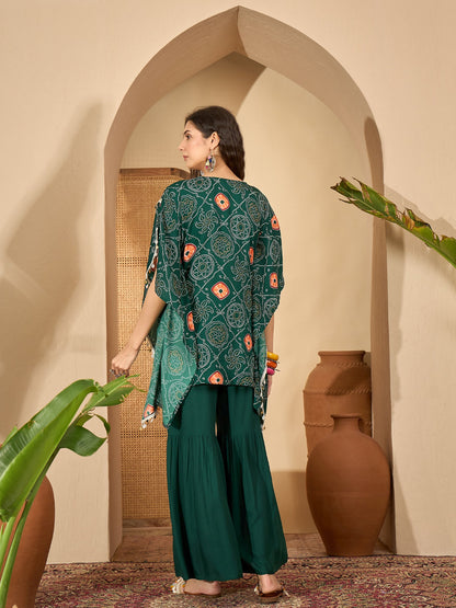 Green Bandhej Printed Crepe Kaftan Sharara Set