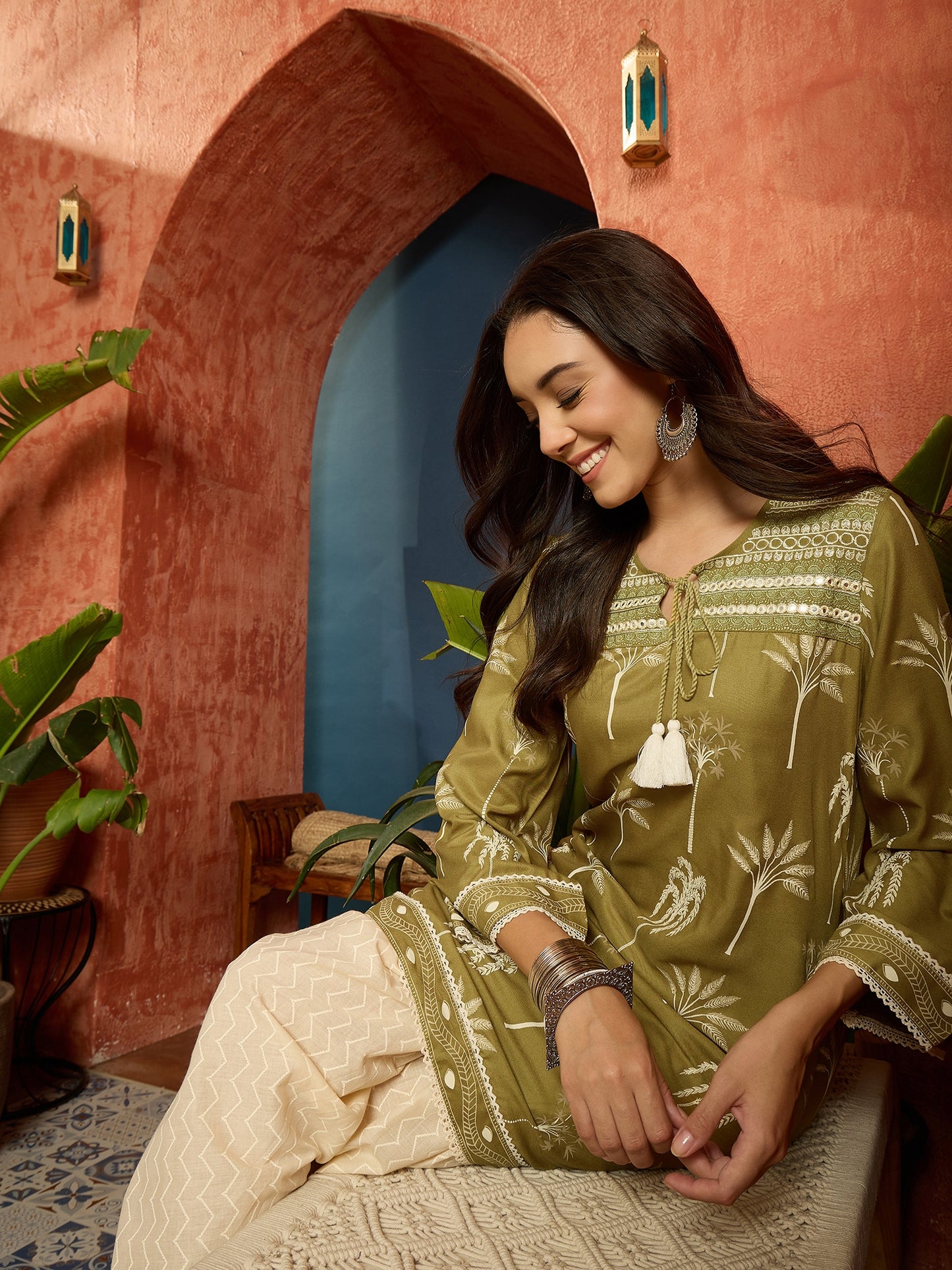 Palm Tree Printed Rayon A-Line Kurti With Farshi Salwar Set Set