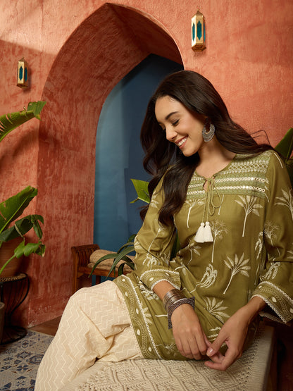 Palm Tree Printed Rayon A-Line Kurti With Farshi Salwar Set Set