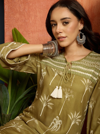 Palm Tree Printed Rayon A-Line Kurti With Farshi Salwar Set Set