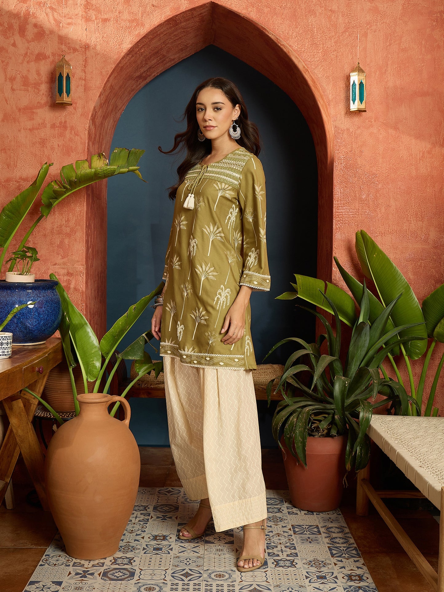 Palm Tree Printed Rayon A-Line Kurti With Farshi Salwar Set Set