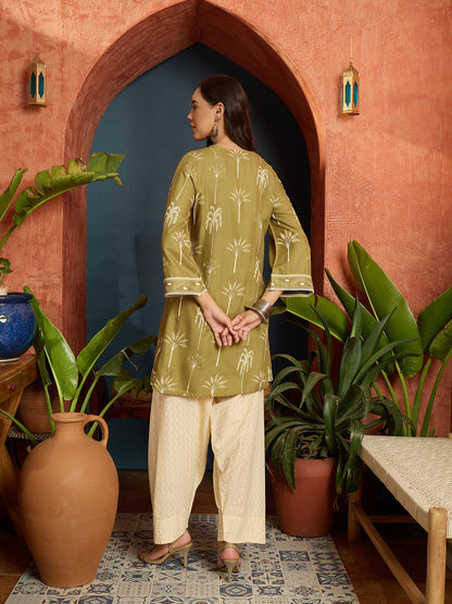 Palm Tree Printed Rayon A-Line Kurti With Farshi Salwar Set Set
