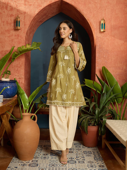 Palm Tree Printed Rayon A-Line Kurti With Farshi Salwar Set Set