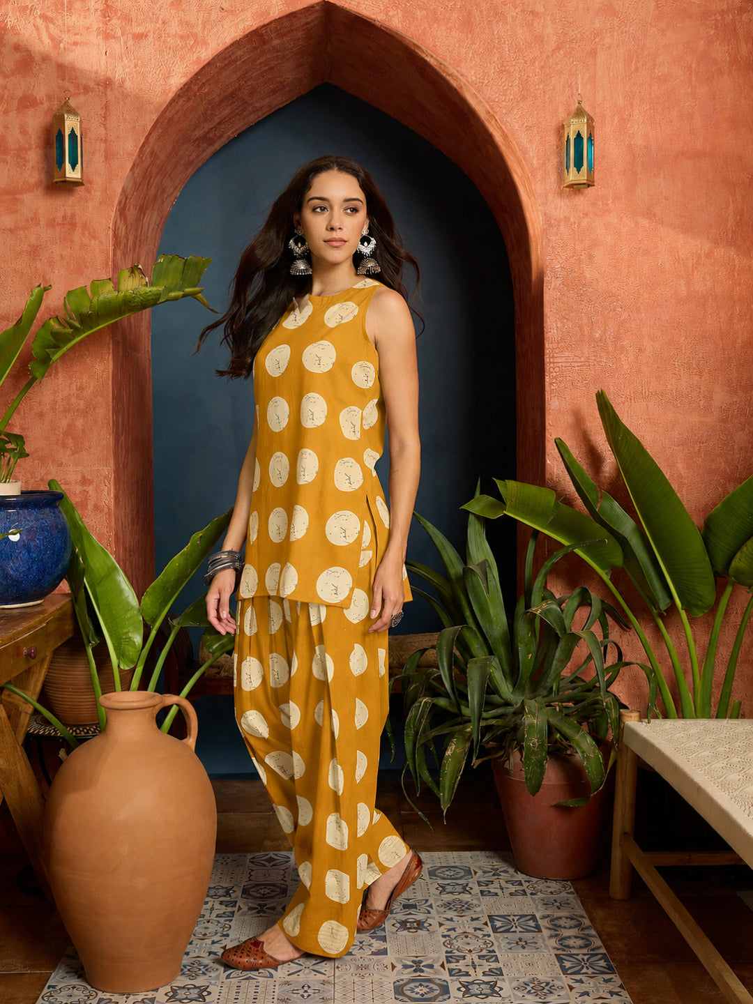 Polka Dot Printed Pure Cotton Straight Kurti With Farshi Salwar