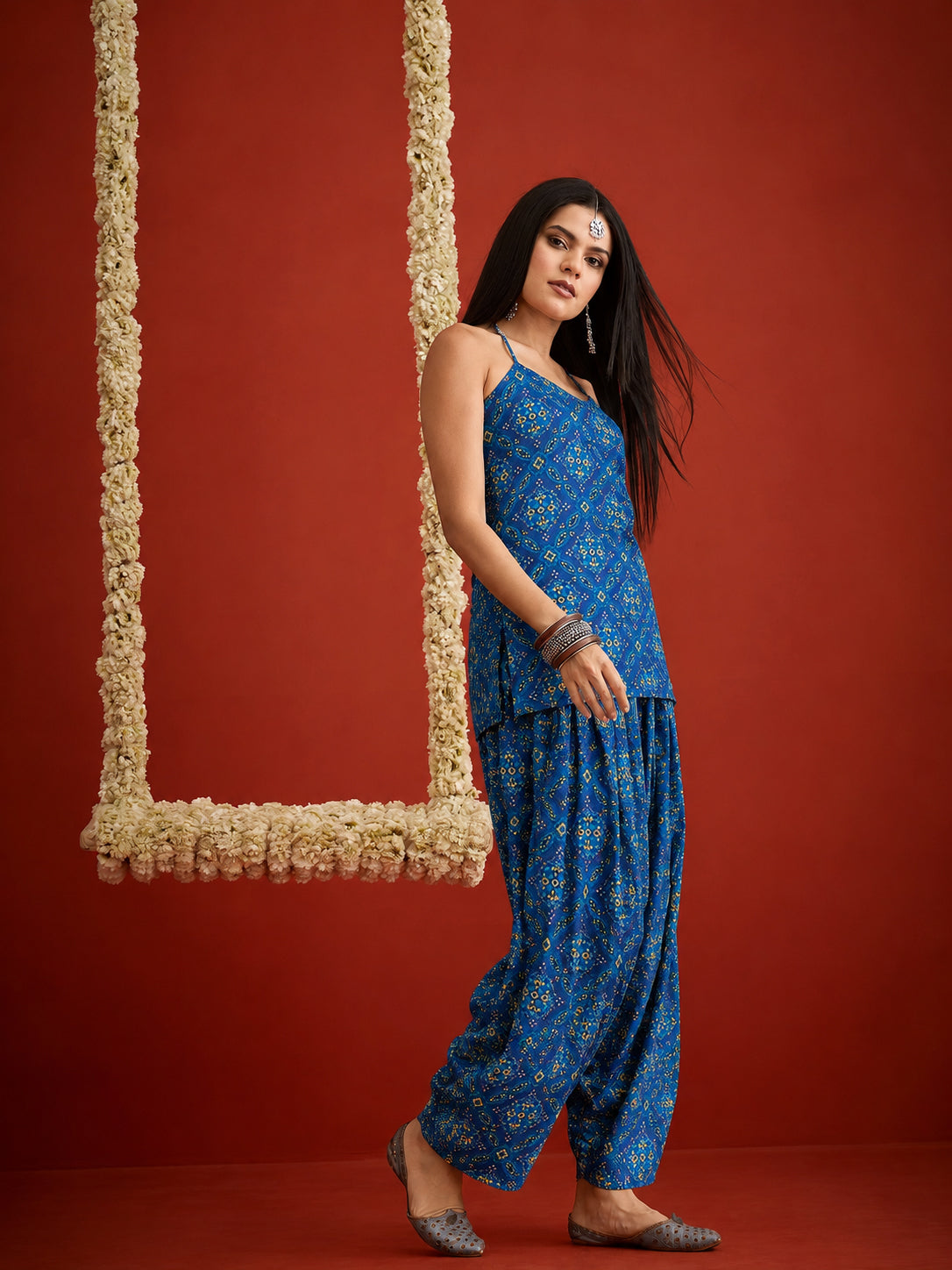 Bandhej Printed Reyon Straight Short Kurti With Farshi Salwar