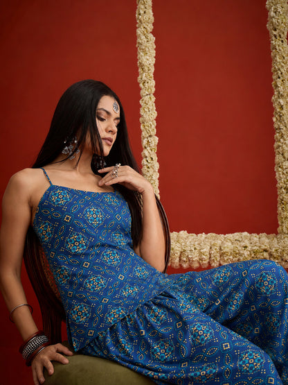 Bandhej Printed Reyon Straight Short Kurti With Farshi Salwar
