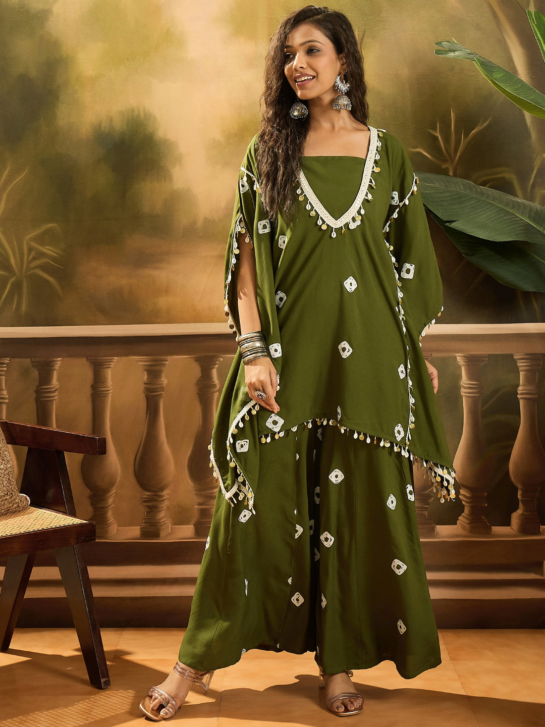 Bandhej Printed Rayon Kaftan Tube Top Sharara Set