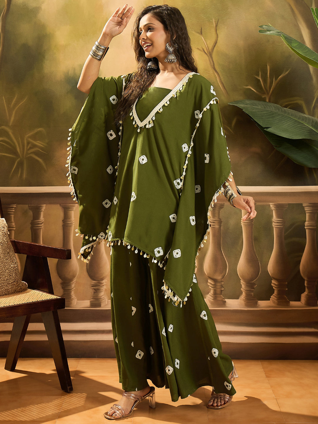 Bandhej Printed Rayon Kaftan Tube Top Sharara Set