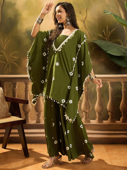 Bandhej Printed Rayon Kaftan Tube Top Sharara Set