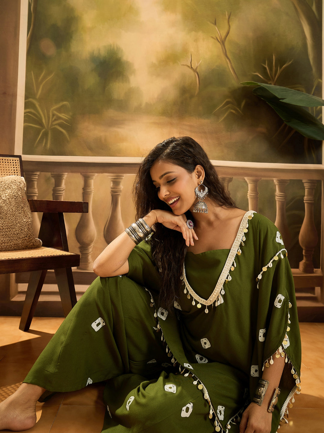 Bandhej Printed Rayon Kaftan Tube Top Sharara Set