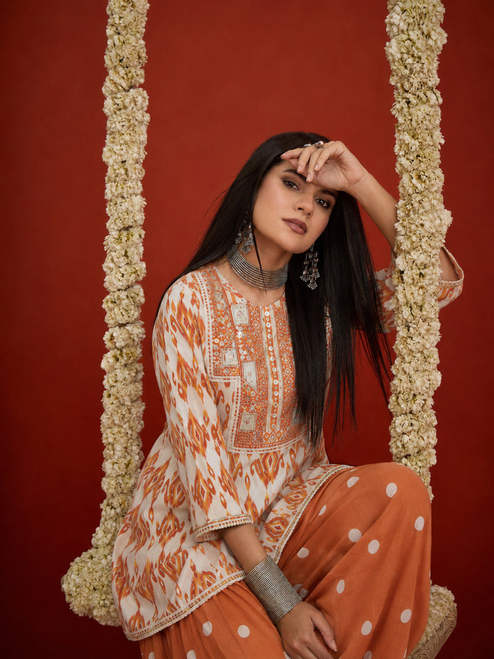 Ikkat Printed &amp; Embroidered Cotton A-Line Short Kurti With Farshi Salwar