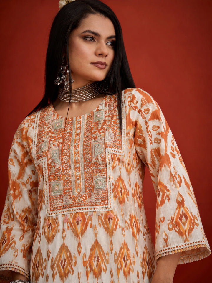Ikkat Printed &amp; Embroidered Cotton A-Line Short Kurti With Farshi Salwar