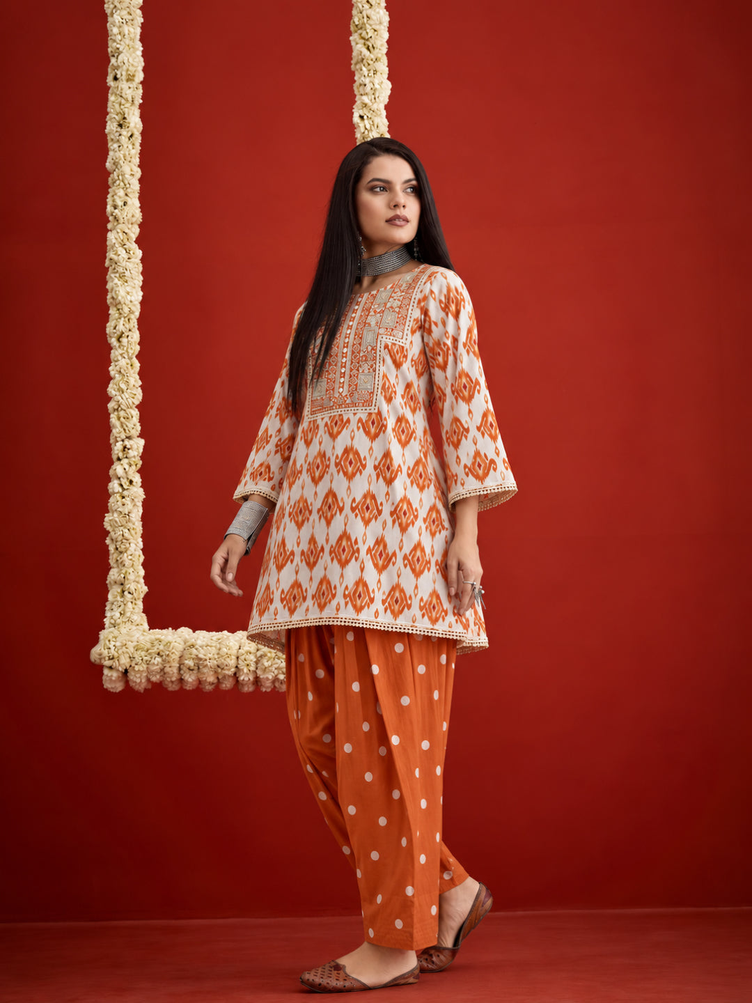 Ikkat Printed &amp; Embroidered Cotton A-Line Short Kurti With Farshi Salwar