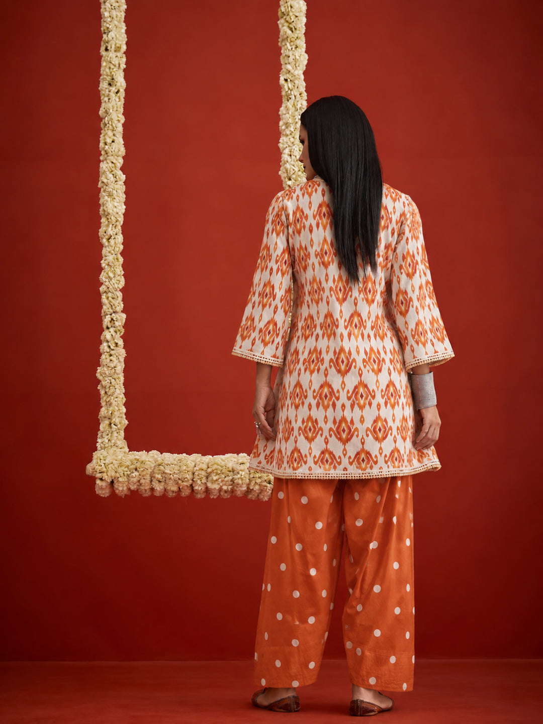 Ikkat Printed &amp; Embroidered Cotton A-Line Short Kurti With Farshi Salwar