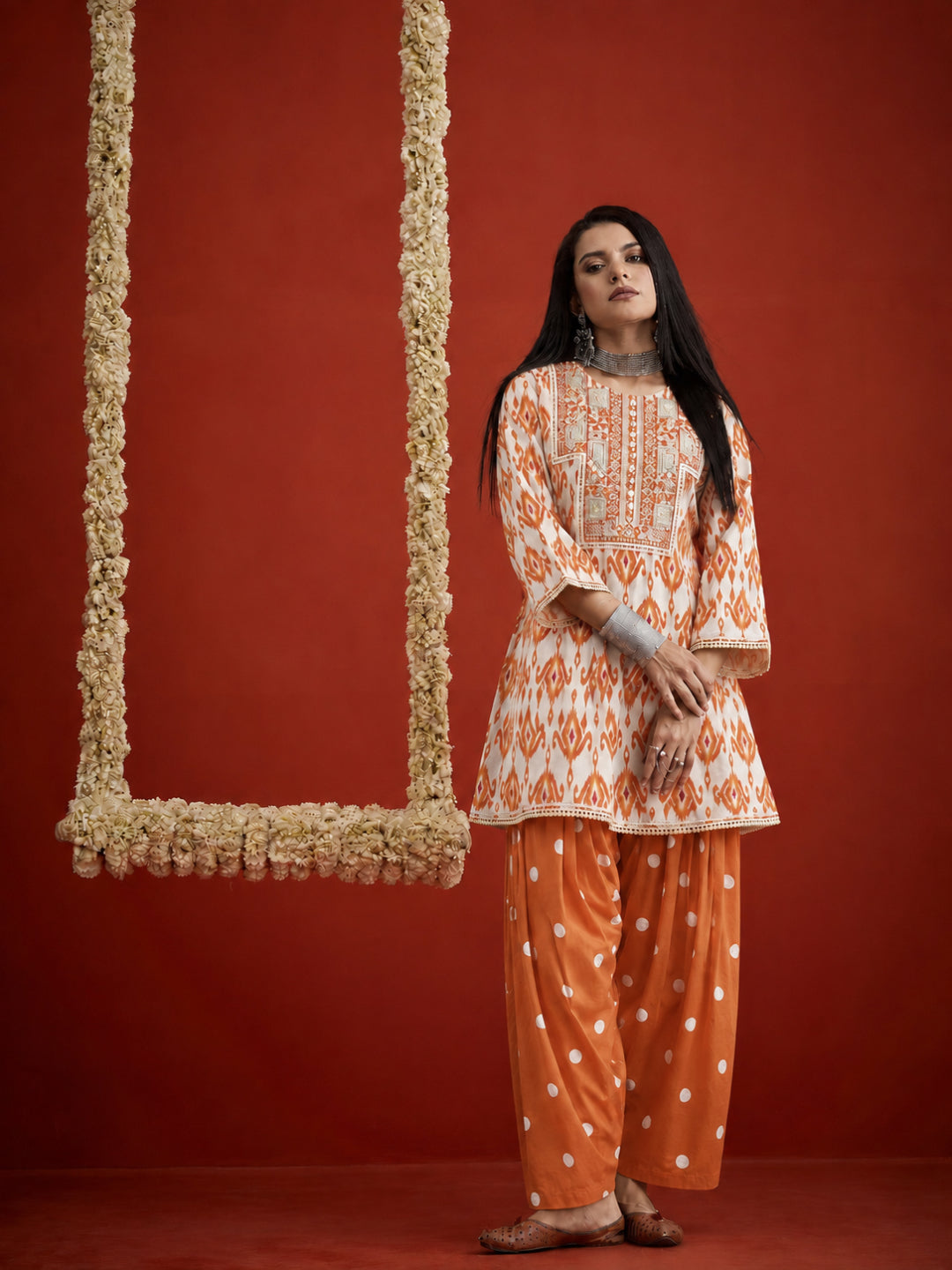 Ikkat Printed &amp; Embroidered Cotton A-Line Short Kurti With Farshi Salwar