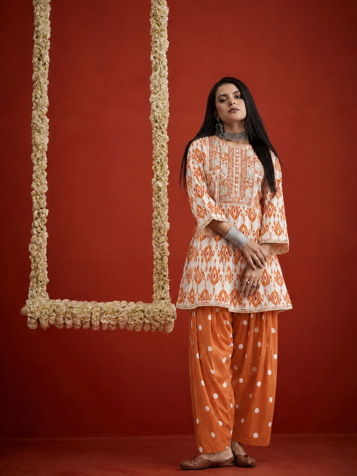 Ikkat Printed &amp; Embroidered Cotton A-Line Short Kurti With Farshi Salwar
