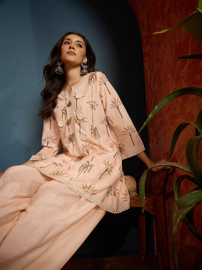 Palm Tree Printed Pure Cotton A-Line Short Kurti With Farshi Farshi Salwar Set