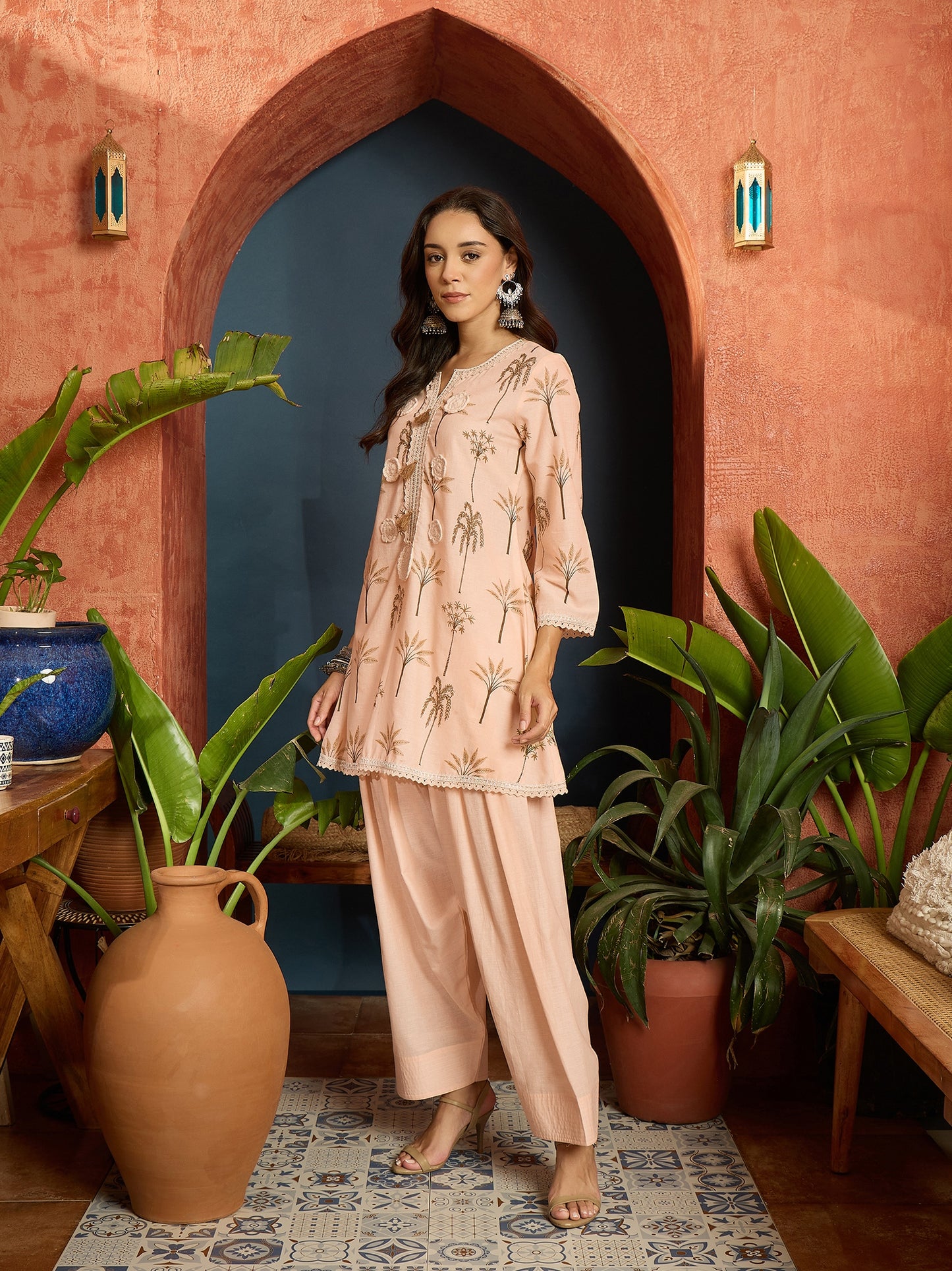 Palm Tree Printed Pure Cotton A-Line Short Kurti With Farshi Farshi Salwar Set