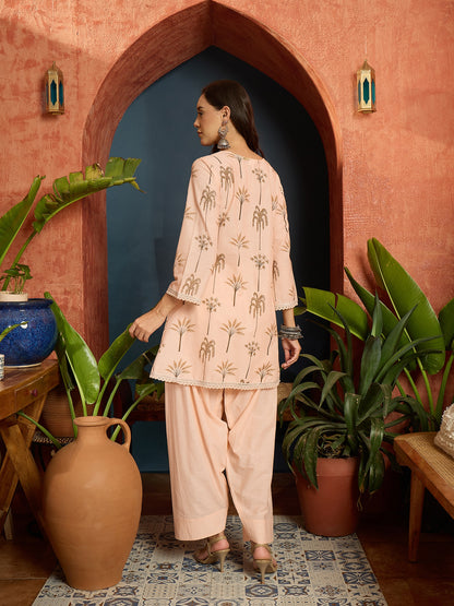 Palm Tree Printed Pure Cotton A-Line Short Kurti With Farshi Farshi Salwar Set