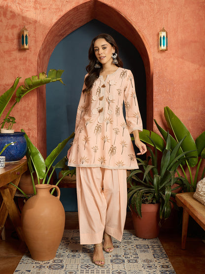 Palm Tree Printed Pure Cotton A-Line Short Kurti With Farshi Farshi Salwar Set