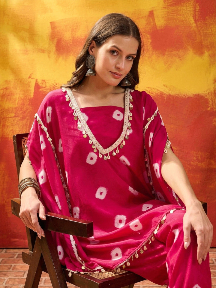 Bandhej Printed Rayon Kaftan Tube Top Sharara Set