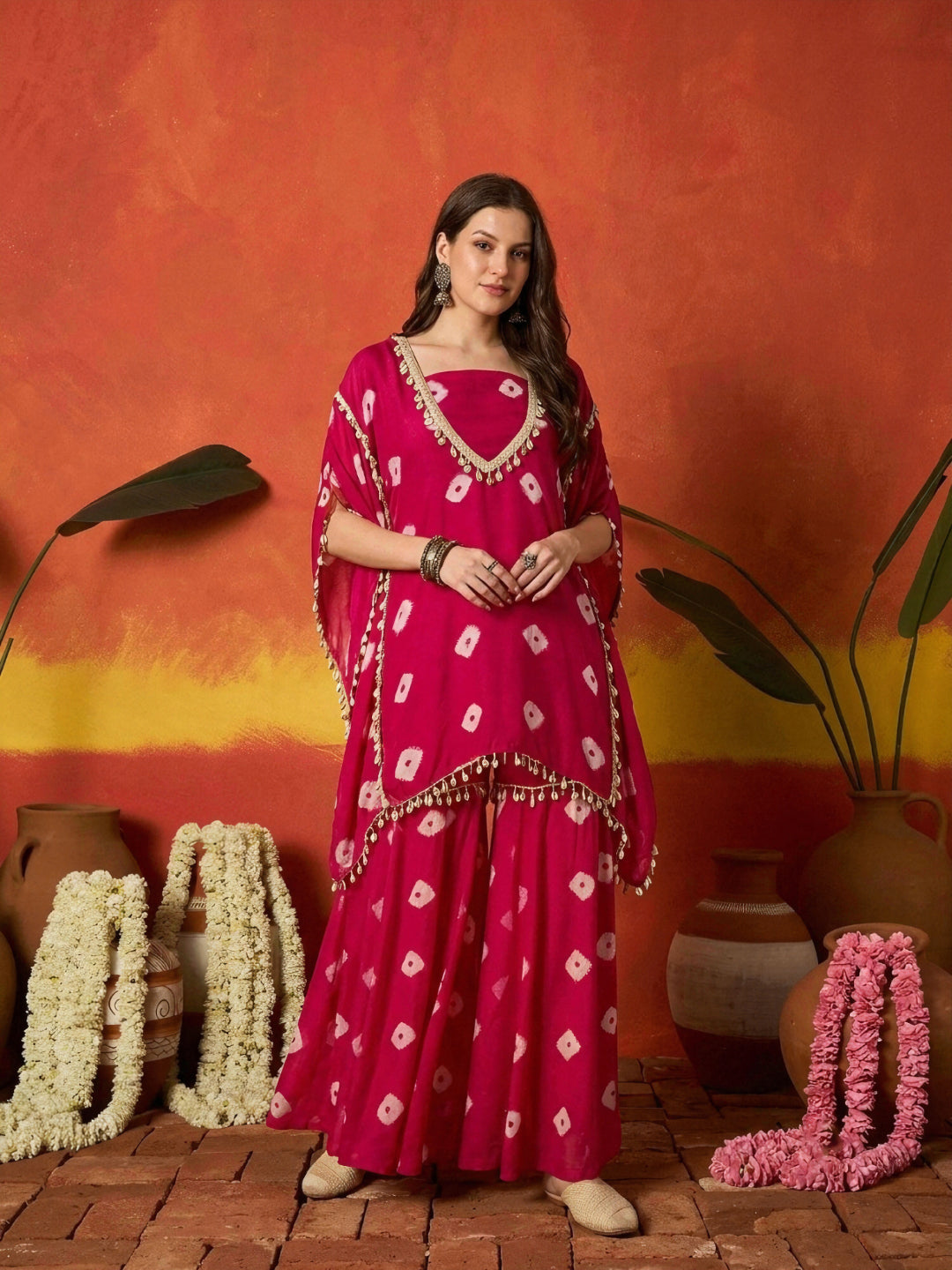 Bandhej Printed Rayon Kaftan Tube Top Sharara Set