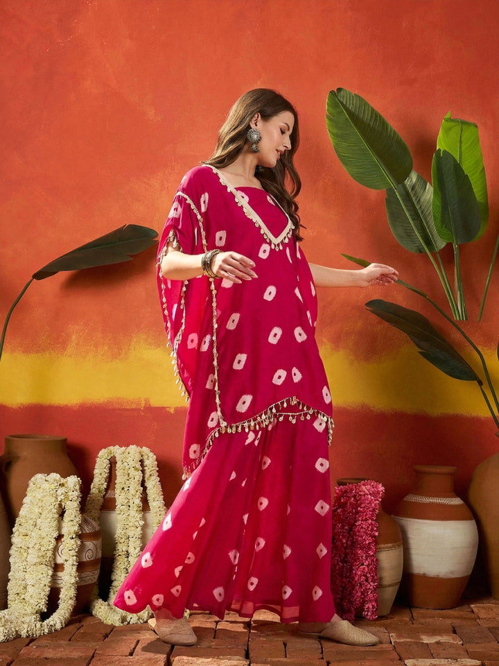 Bandhej Printed Rayon Kaftan Tube Top Sharara Set