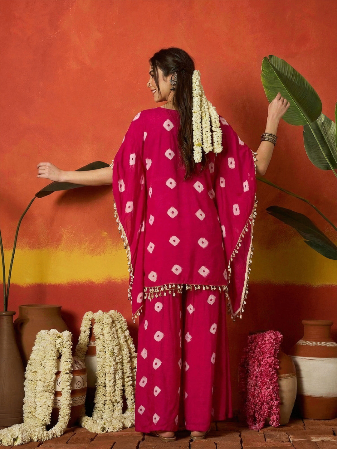 Bandhej Printed Rayon Kaftan Tube Top Sharara Set