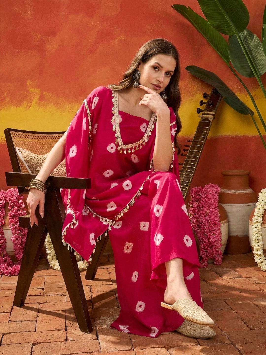 Bandhej Printed Rayon Kaftan Tube Top Sharara Set