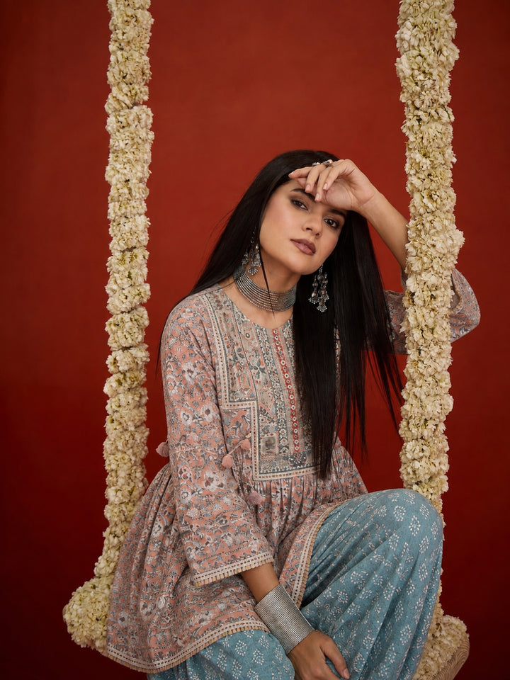 Geometric Printed &amp; Embroidered Cotton A-Line Short Kurti With Farshi Salwar