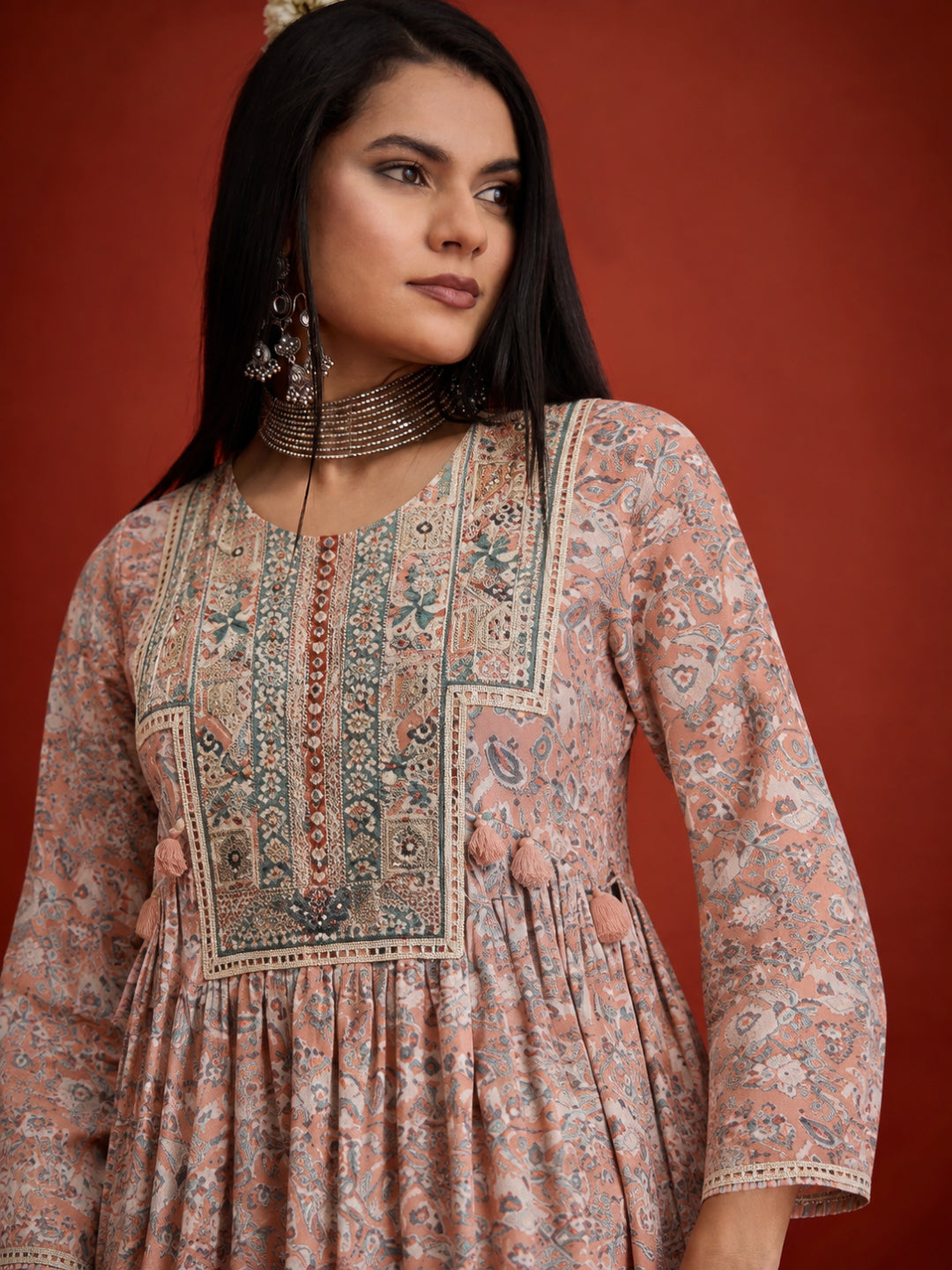 Geometric Printed &amp; Embroidered Cotton A-Line Short Kurti With Farshi Salwar