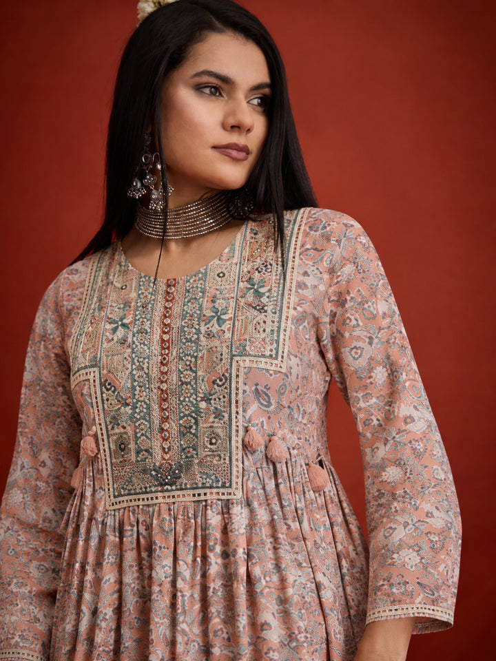 Geometric Printed &amp; Embroidered Cotton A-Line Short Kurti With Farshi Salwar