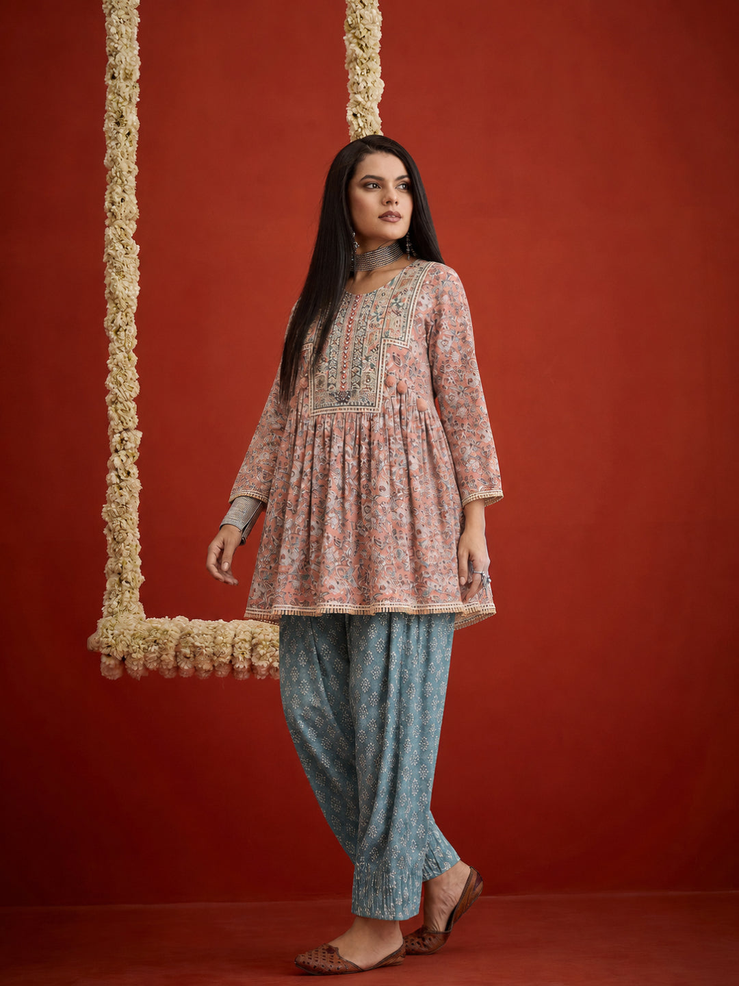 Geometric Printed &amp; Embroidered Cotton A-Line Short Kurti With Farshi Salwar