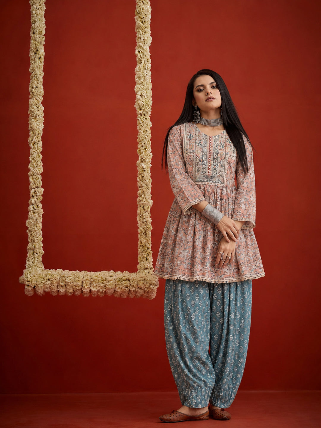 Geometric Printed &amp; Embroidered Cotton A-Line Short Kurti With Farshi Salwar